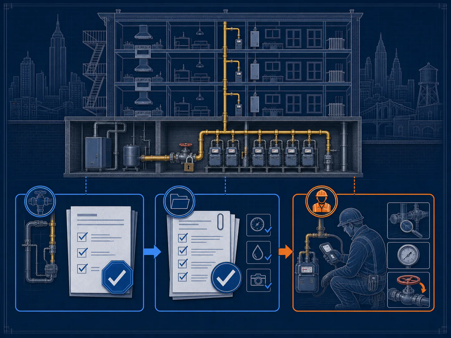 Technical blueprint of an NYC building gas system moving through separate DOB gas authorization, plumbing sign-off, and utility restoration stages