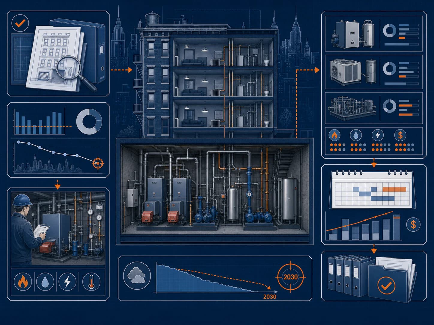 Technical blueprint of an NYC building moving from Local Law 97 records and emissions data through a boiler-room survey, retrofit options, phasing, and a 2030 owner plan