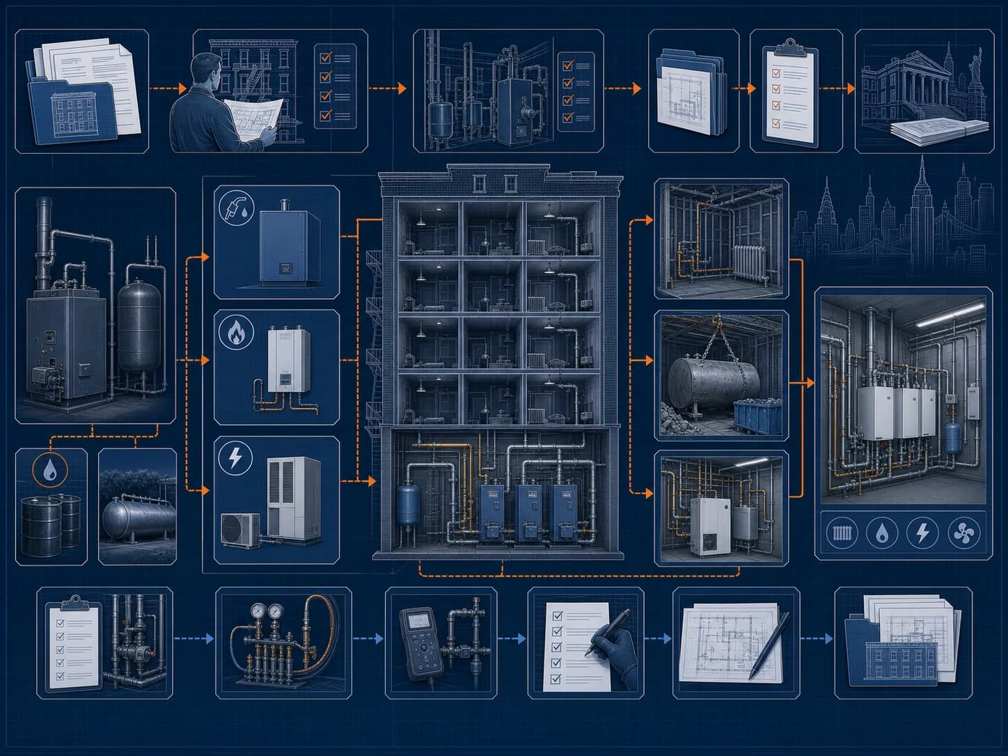 Technical blueprint of an NYC building working from No. 4 oil equipment through fuel-path decisions, utility and DOB review, construction, testing, and closeout