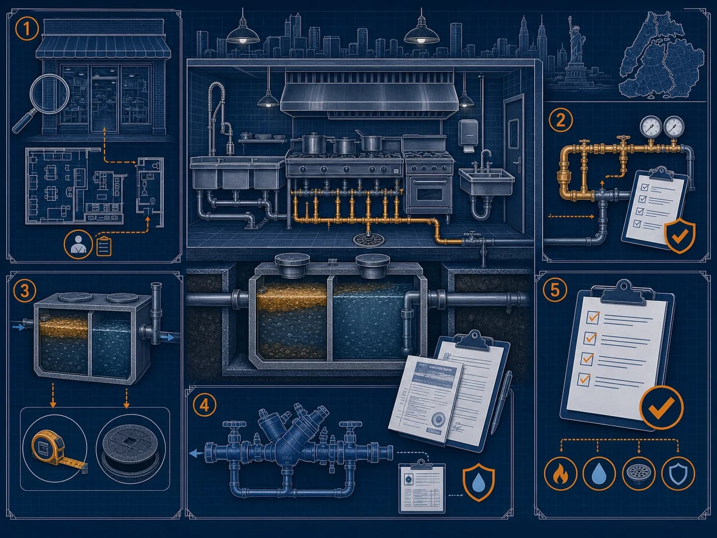 Technical blueprint illustration of a NYC restaurant pre-opening plumbing checklist with gas piping, sinks, grease interceptor, backflow assembly, and permit records