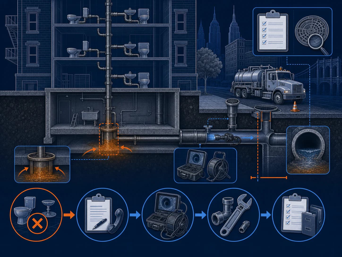 Technical blueprint of an NYC building sewer backup moving through 311 reporting, private-line inspection, licensed repair, and owner recordkeeping