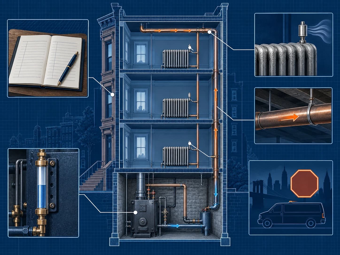 Technical blueprint cutaway of a Brooklyn brownstone steam system with boiler, risers, radiators, water-line observation, and an owner logbook