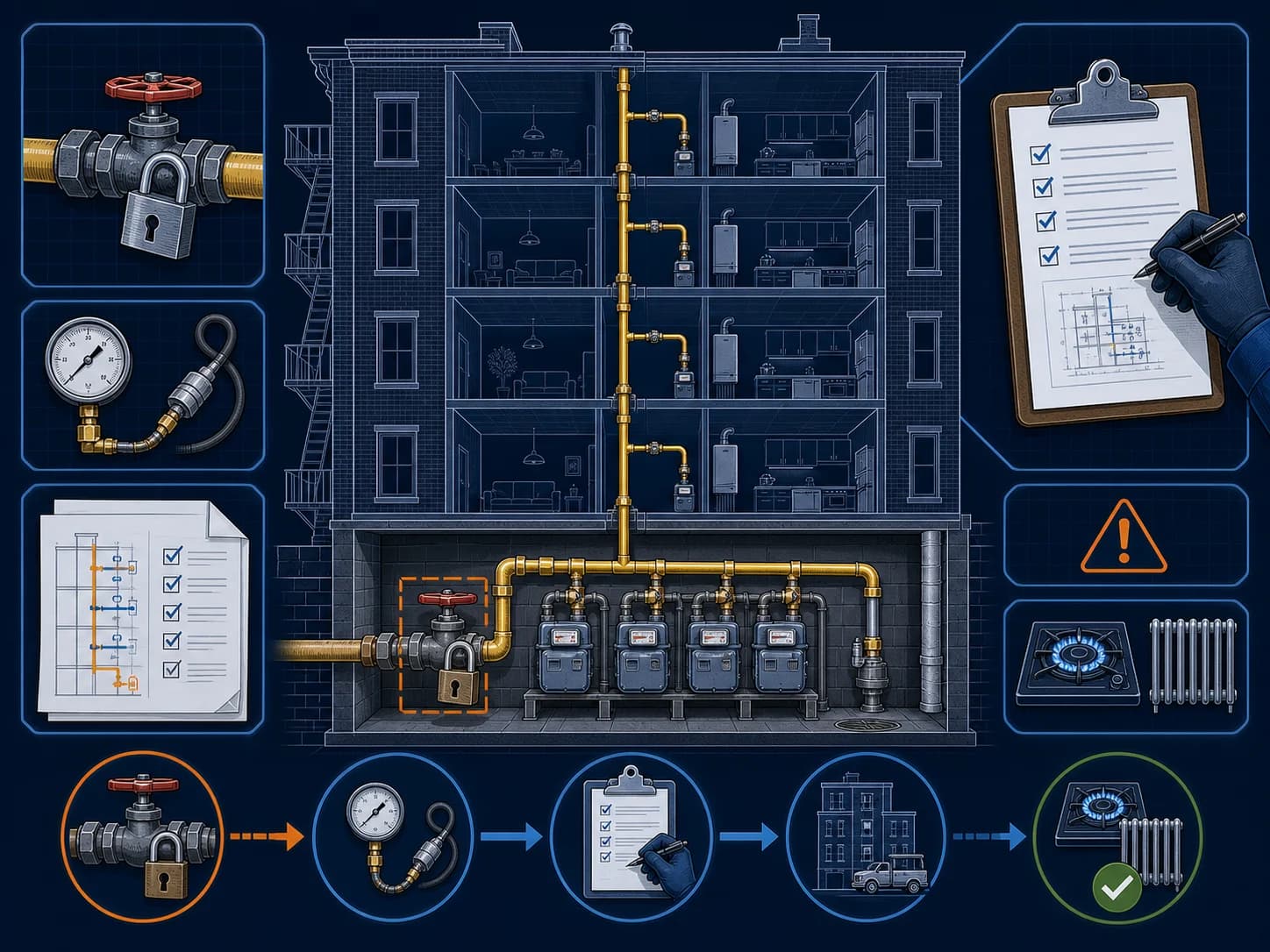 Technical blueprint illustration of a NYC building gas shutoff, meter bank, riser, pressure test, and restoration workflow