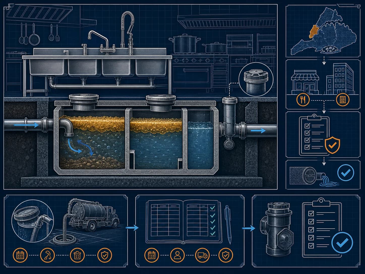 Technical blueprint illustration of a commercial kitchen sink line, grease interceptor cutaway, cleanout access, and maintenance records