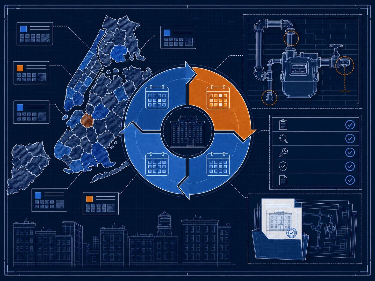 Technical blueprint illustration of Local Law 152 community-district deadline cycles, gas piping inspection timing, and filing records