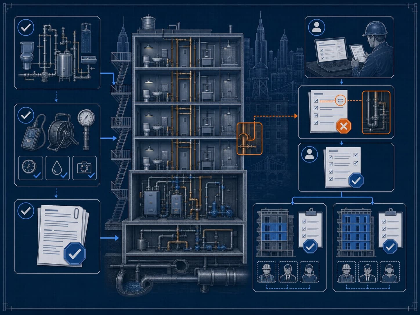 Technical blueprint of an NYC building moving from plumbing inspection and sign-off to TCO and Final CO records